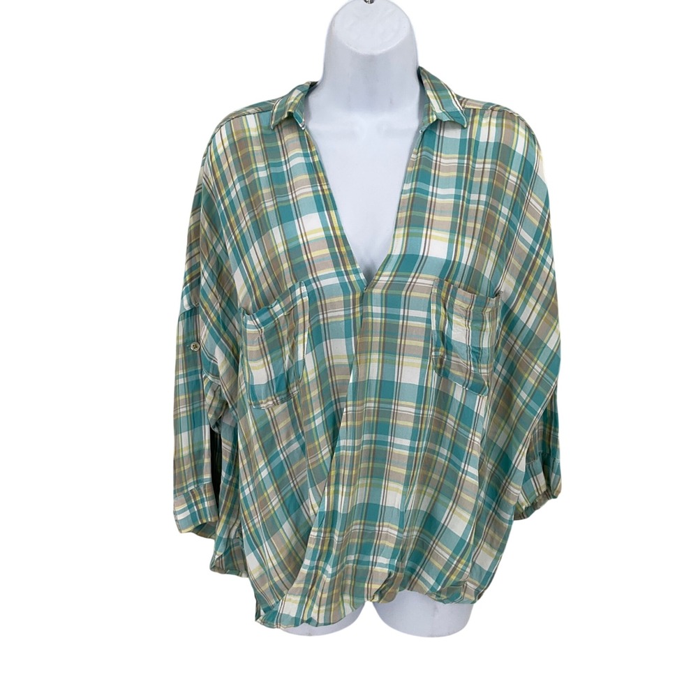 Holding Horses Blouse Womens 12 Teal Plaid Boho Western Surplice V-Neck Top